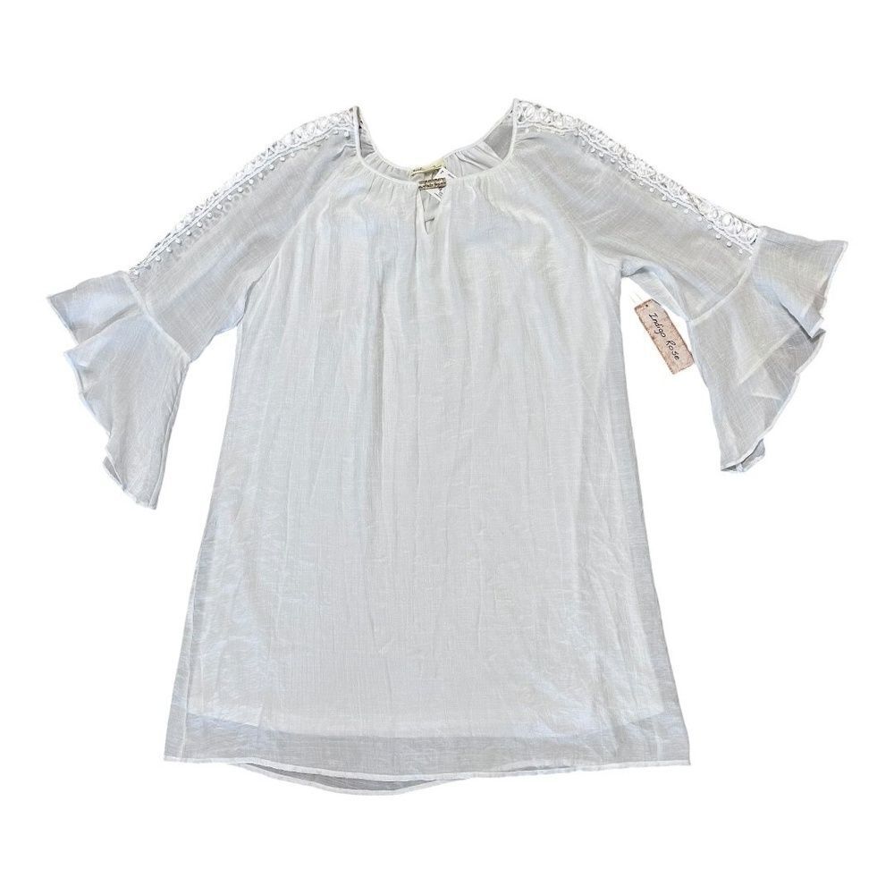 Indigo Rose Womens Dress White Bell Sleeve Mini Shift Boho Lattice Sleeve XL New - Picture 4 of 11